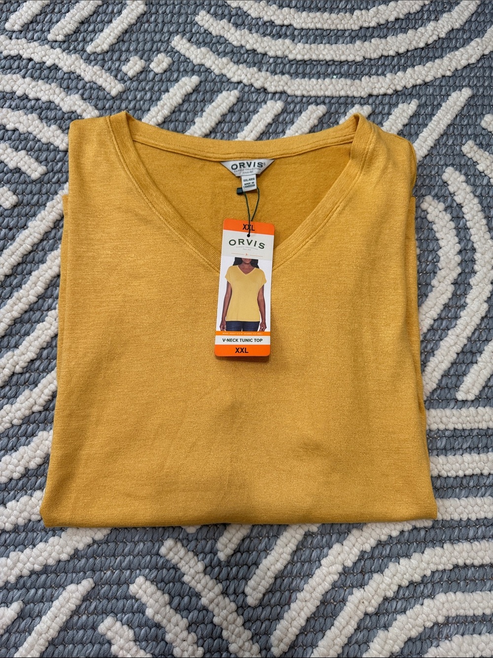 Orvis V-Neck Tunic Top XXL NWT Mustard Yellow Soft Stretch Short Sleeve Casual